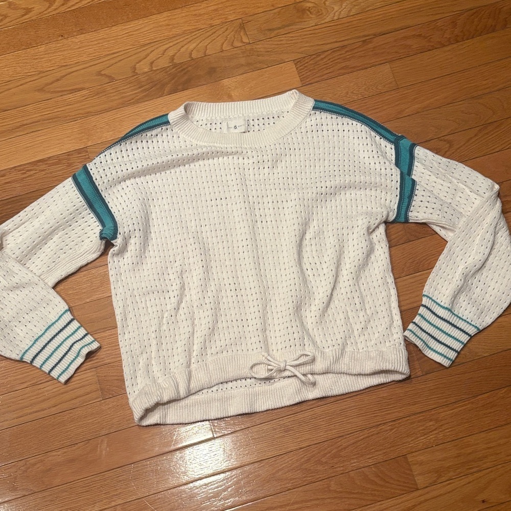 Lou & Grey White and Teal Crew Neck Sweater
